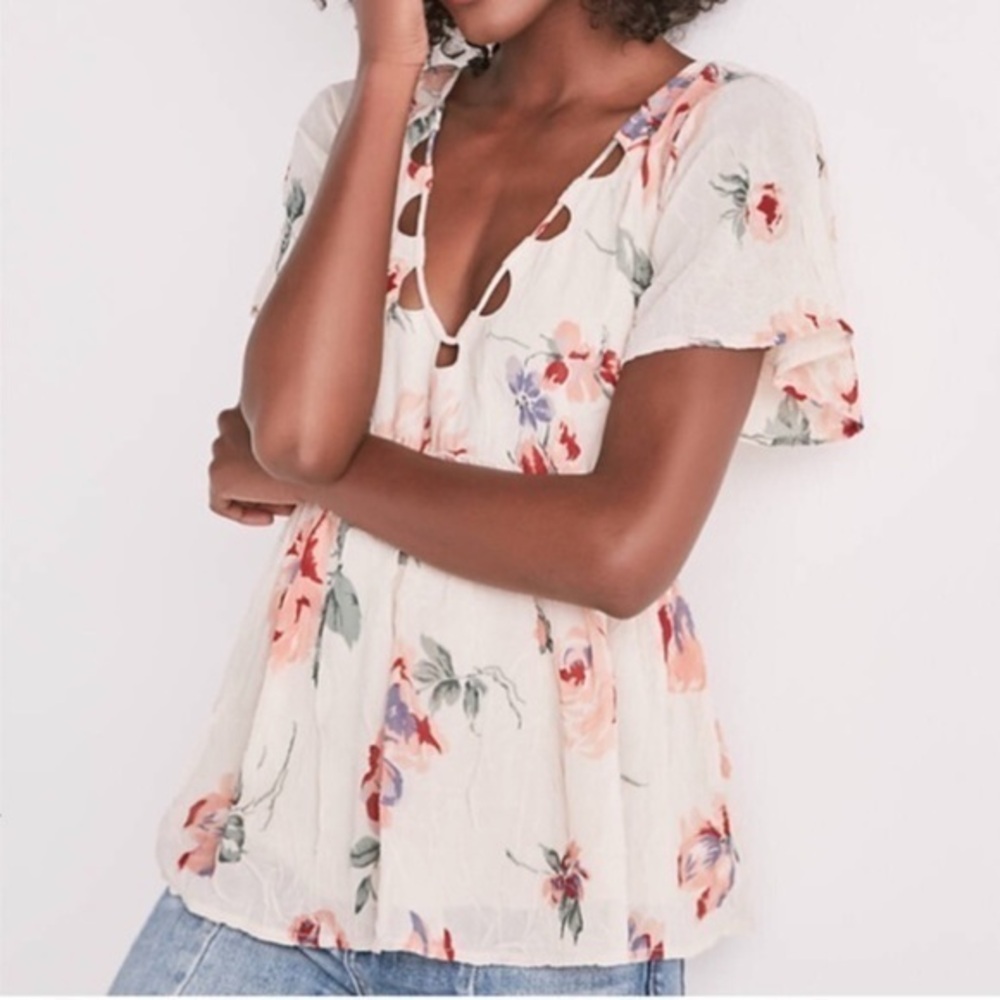 Lucky Brand Floral Flutter Sleeve Babydoll Top in Pink Multi Size Small